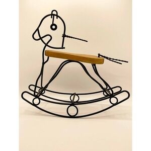 Vintage Mid Century Modern Iron Wire and Wood Rocking Horse Figurine Black Metal